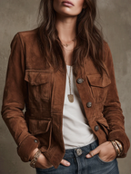 Vintage Brown Faux Suede Multi-Pocket Jacket - Eliza-Warszawa