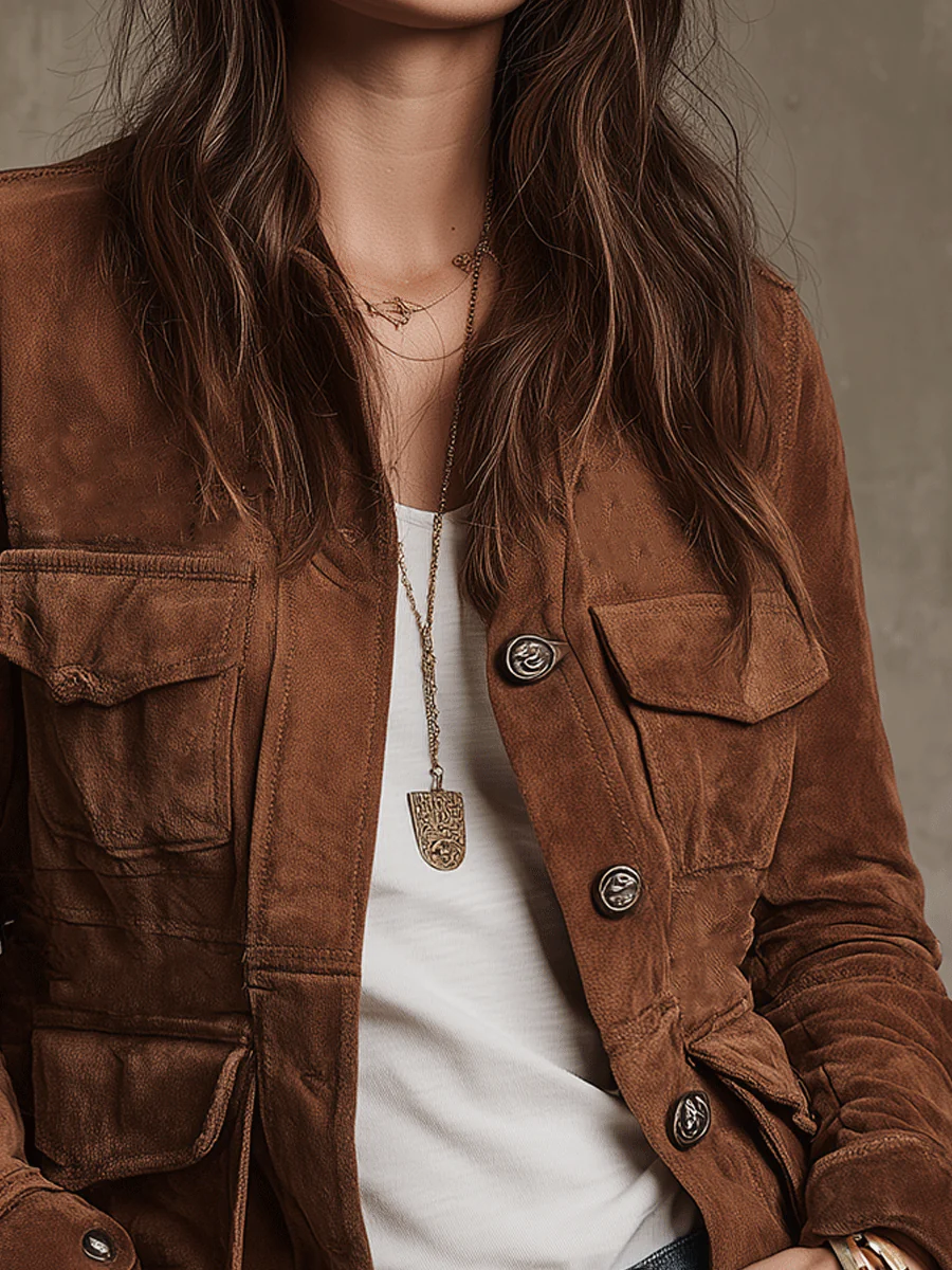 Vintage Brown Faux Suede Multi-Pocket Jacket - Eliza-Warszawa