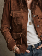 Vintage Brown Faux Suede Multi-Pocket Jacket - Eliza-Warszawa