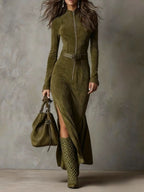 Vintage Brown Zipper Belted Maxi Dress - Eliza-Warszawa