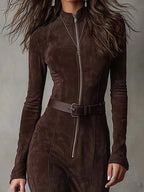 Vintage Brown Zipper Belted Maxi Dress - Eliza-Warszawa