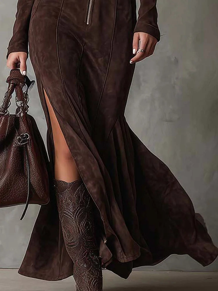 Vintage Brown Zipper Belted Maxi Dress - Eliza-Warszawa