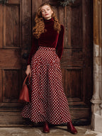 Vintage Burgundy Velvet Turtleneck Long-Sleeved T-Shirt Polka Dot Pocket Skirt Set