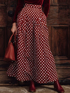 Vintage Burgundy Velvet Turtleneck Long-Sleeved T-Shirt Polka Dot Pocket Skirt Set