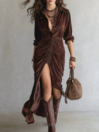 Vintage Button-stitched Pleated Velvet Midi Dress - Eliza-Warszawa