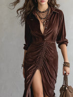 Vintage Button-stitched Pleated Velvet Midi Dress - Eliza-Warszawa