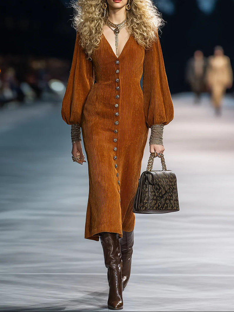 Vintage Button Puff Sleeve Caramel Brown Corduroy Midi Dress - Eliza-Warszawa