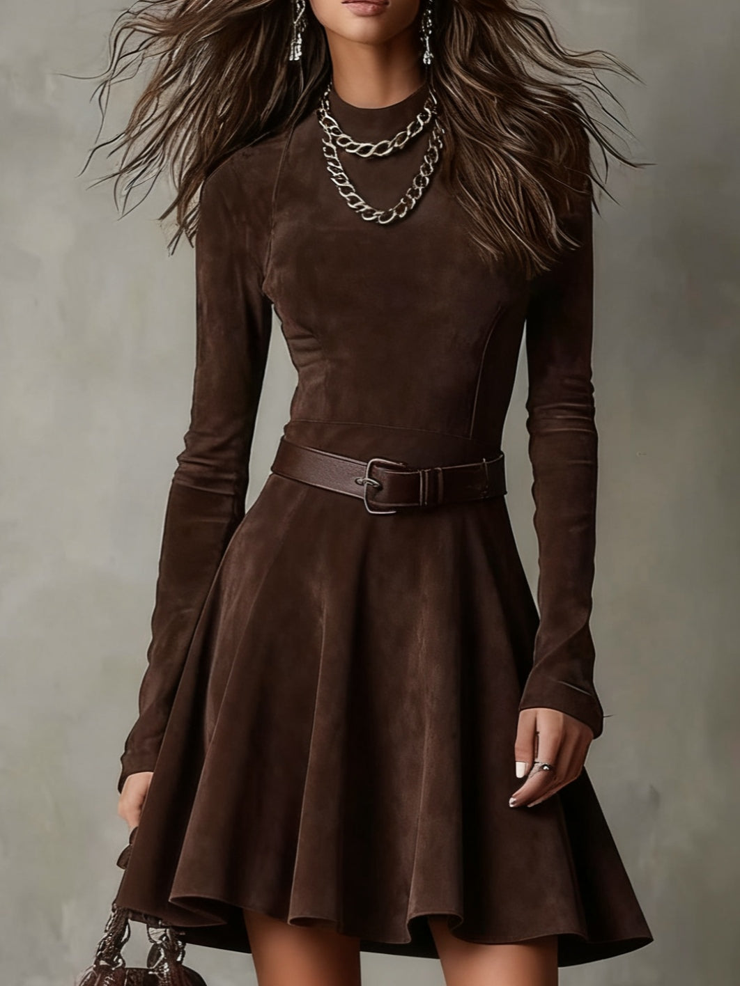 Vintage Dark Brown Suede Mock Neck Mini Dress - Eliza-Warszawa