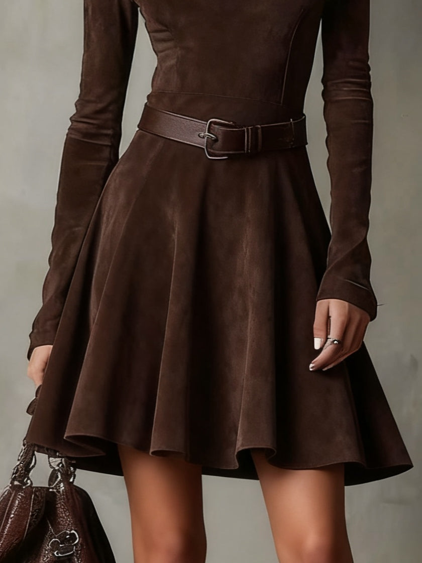 Vintage Dark Brown Suede Mock Neck Mini Dress - Eliza-Warszawa