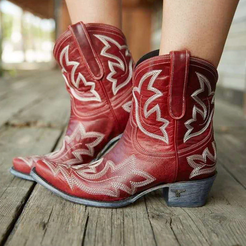 Vintage Embroidered Block Heel Short Western Boots - Eliza-Warszawa