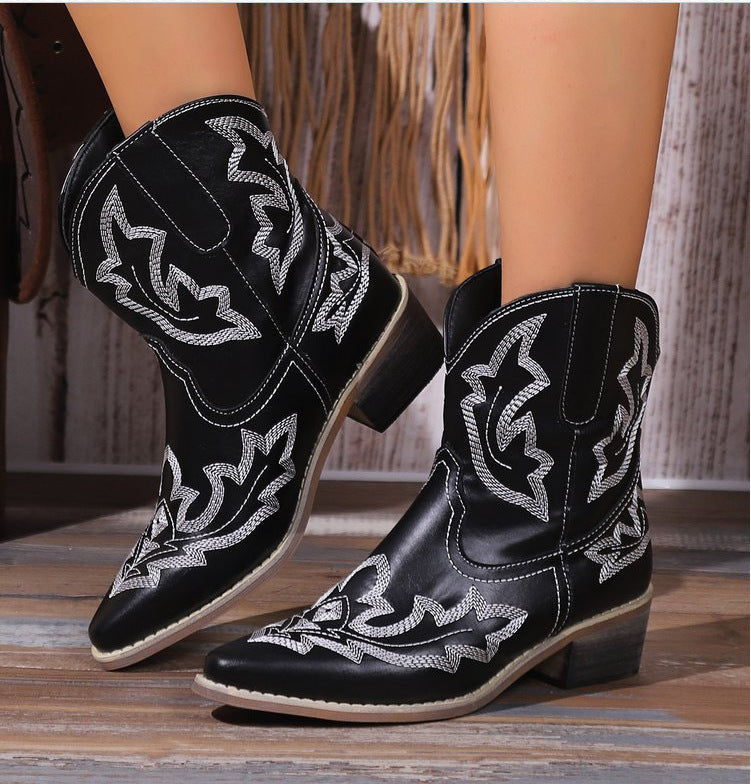 Vintage Embroidered Block Heel Short Western Boots - Eliza-Warszawa