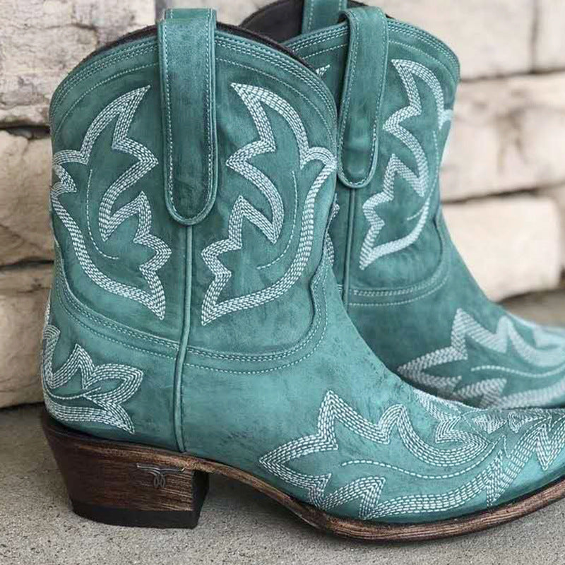 Vintage Embroidered Block Heel Short Western Boots - Eliza-Warszawa
