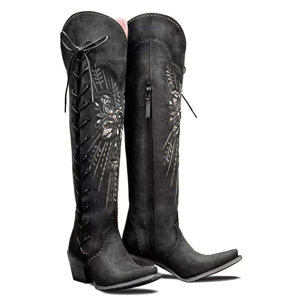 Vintage Embroidered Lace-Up Western Boots - Eliza-Warszawa