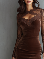 Vintage Keyhole Neck Lace Sleeves Velvet Mini Dress - Eliza-Warszawa