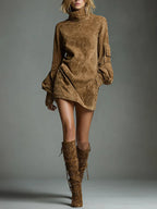 Vintage Loose Suede Turtleneck Mini Dress - Eliza-Warszawa