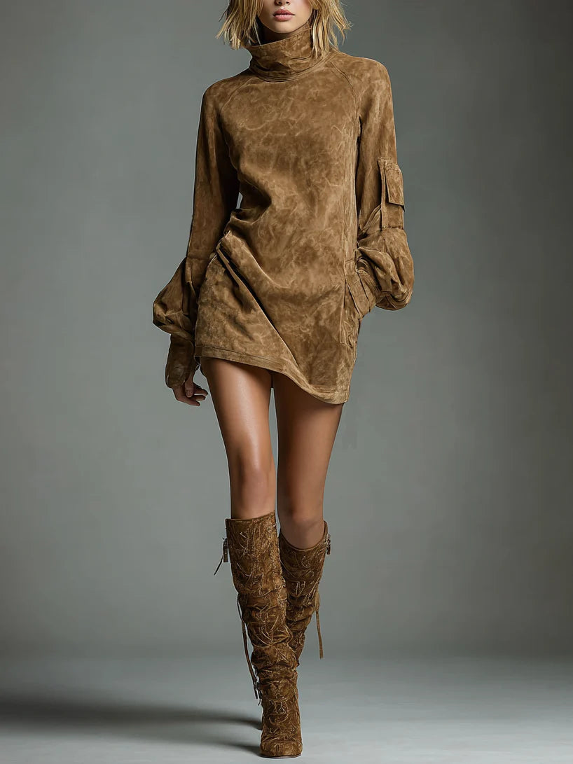 Vintage Loose Suede Turtleneck Mini Dress - Eliza-Warszawa