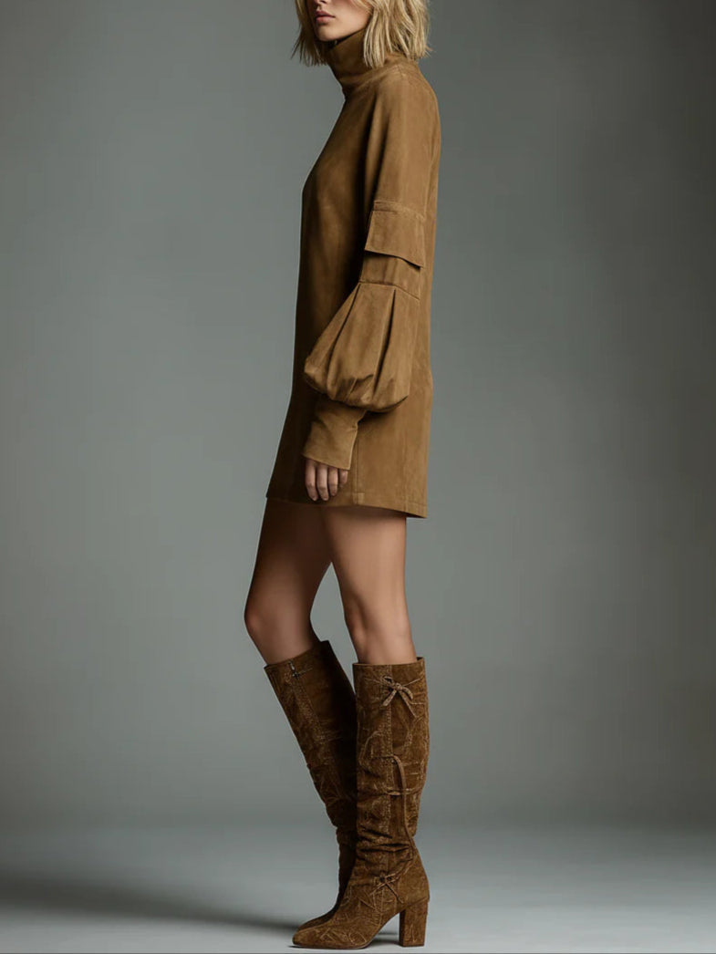 Vintage Loose Suede Turtleneck Mini Dress - Eliza-Warszawa