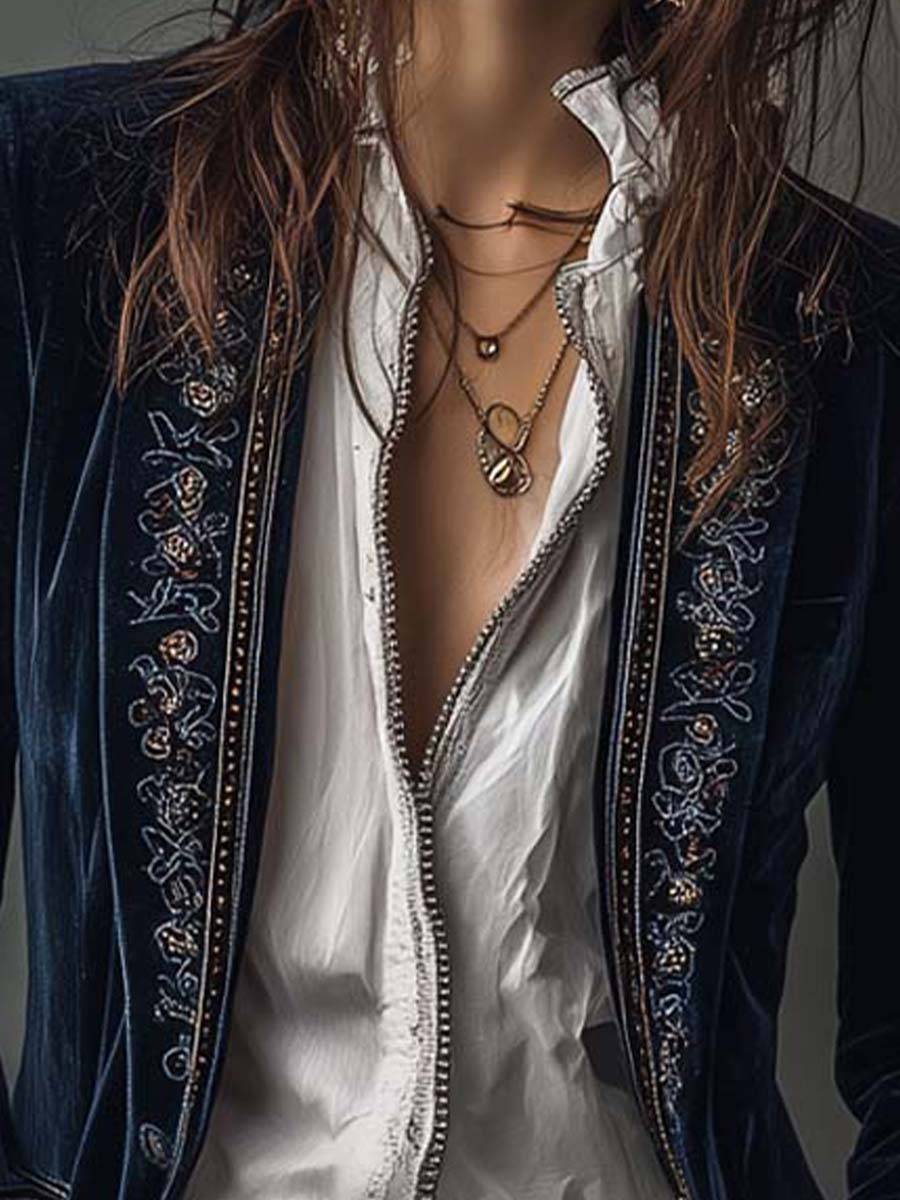 Vintage Navy Polyester Velvet Embroidered Long Jacket - Eliza-Warszawa