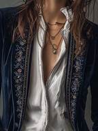 Vintage Navy Polyester Velvet Embroidered Long Jacket - Eliza-Warszawa