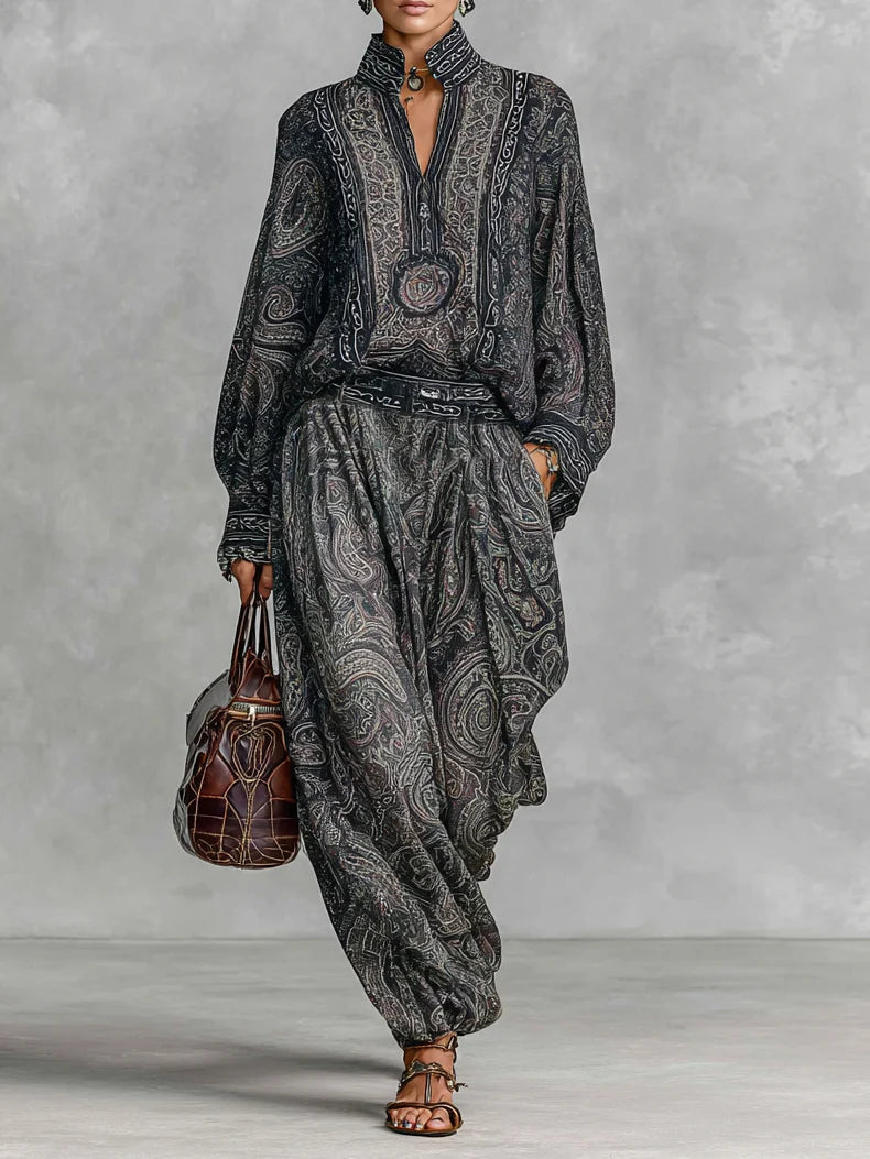 Vintage Paisley Print Long Sleeve Shirt Trousers Two-piece Set - Eliza-Warszawa