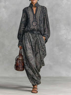 Vintage Paisley Print Long Sleeve Shirt Trousers Two-piece Set - Eliza-Warszawa