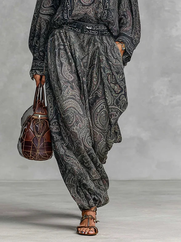 Vintage Paisley Print Long Sleeve Shirt Trousers Two-piece Set - Eliza-Warszawa