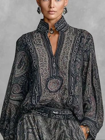 Vintage Paisley Print Long Sleeve Shirt Trousers Two-piece Set - Eliza-Warszawa