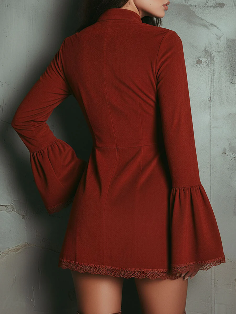 Vintage Rust Red Bell Sleeve Embroidered Faux Suede Lace Mini Dress - Eliza-Warszawa