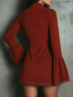 Vintage Rust Red Bell Sleeve Embroidered Faux Suede Lace Mini Dress - Eliza-Warszawa
