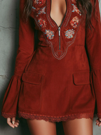 Vintage Rust Red Bell Sleeve Embroidered Faux Suede Lace Mini Dress - Eliza-Warszawa