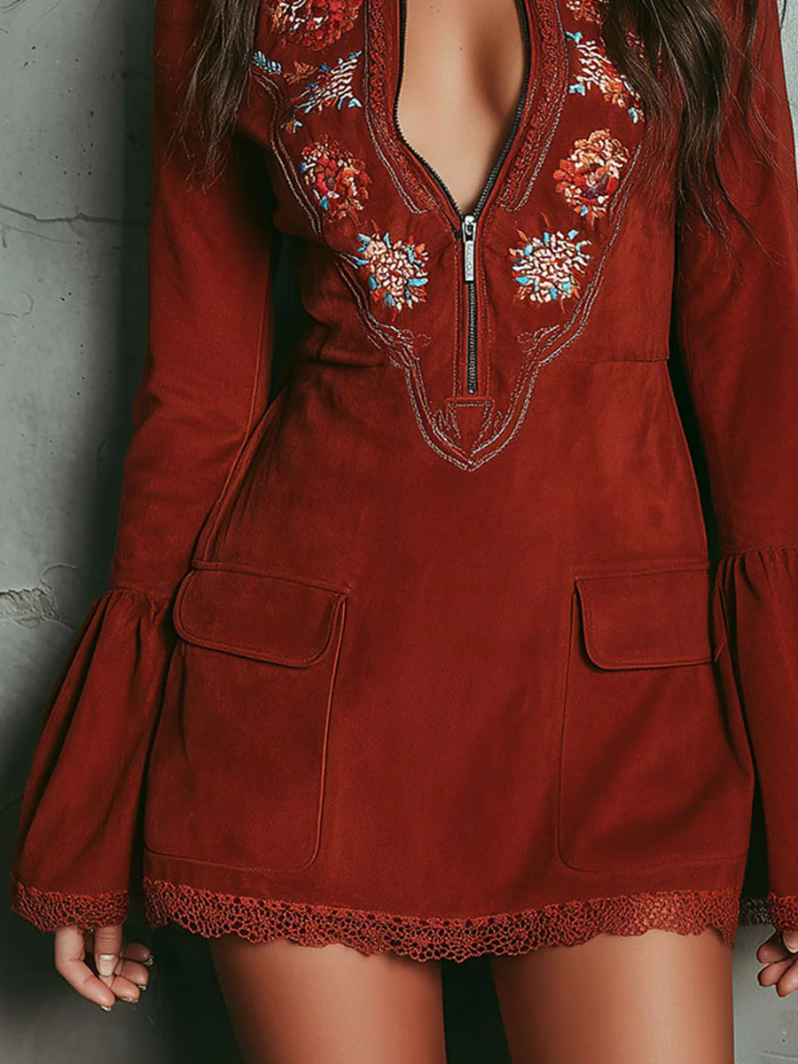 Vintage Rust Red Bell Sleeve Embroidered Faux Suede Lace Mini Dress - Eliza-Warszawa