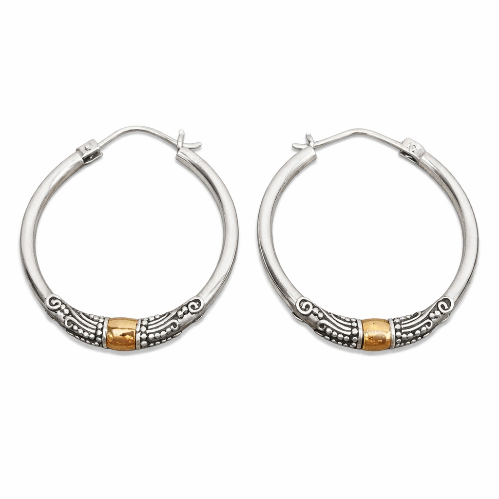 Vintage Silver Carved Pattern Hoop Earrings