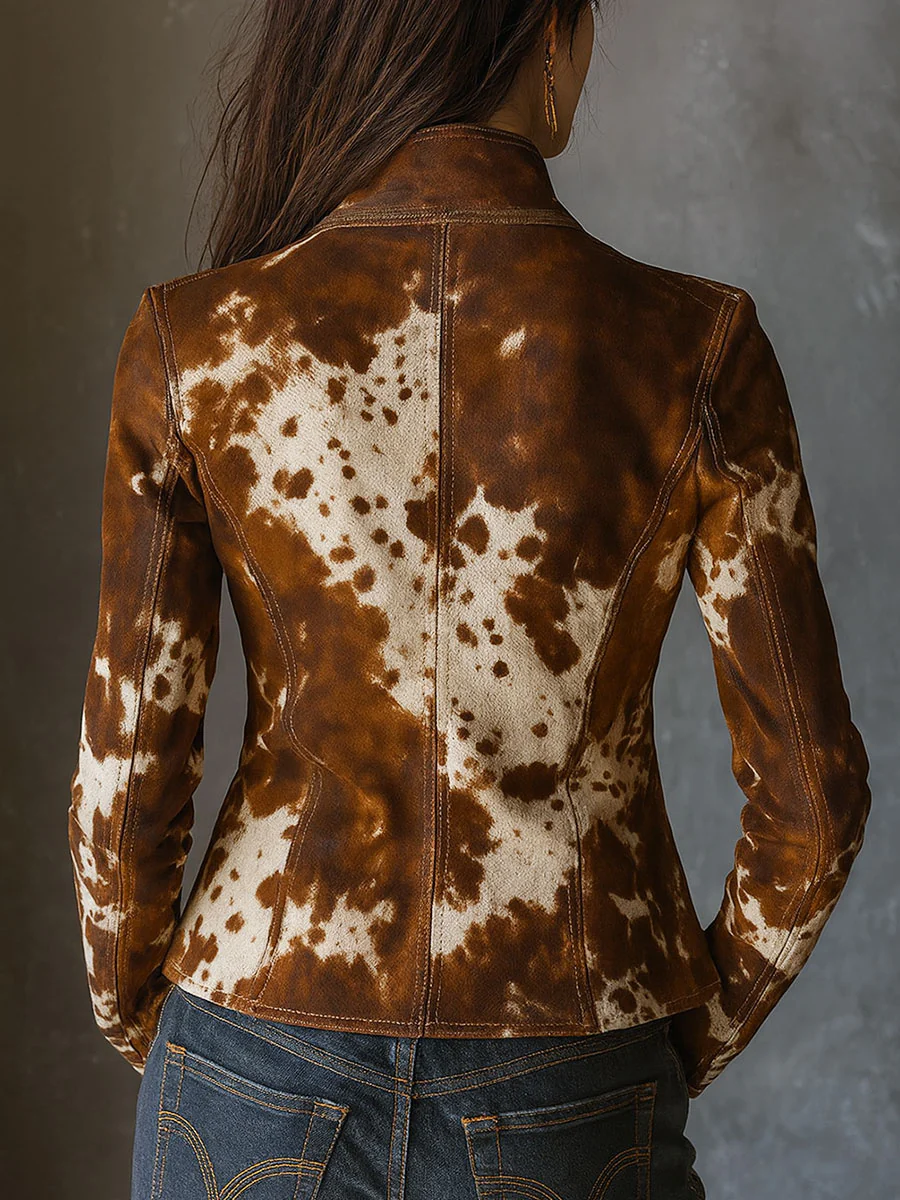 Vintage Stand-up Collar Cow Print Slim-fit Jacket - Eliza-Warszawa