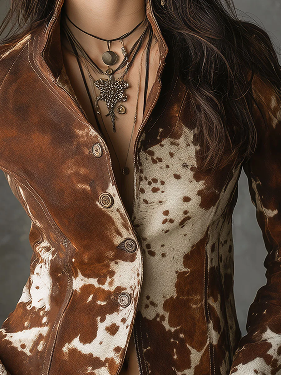 Vintage Stand-up Collar Cow Print Slim-fit Jacket - Eliza-Warszawa