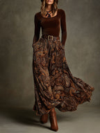 Vintage Stretch Velvet Top & Paisley Print Long Skirt Set With Belt