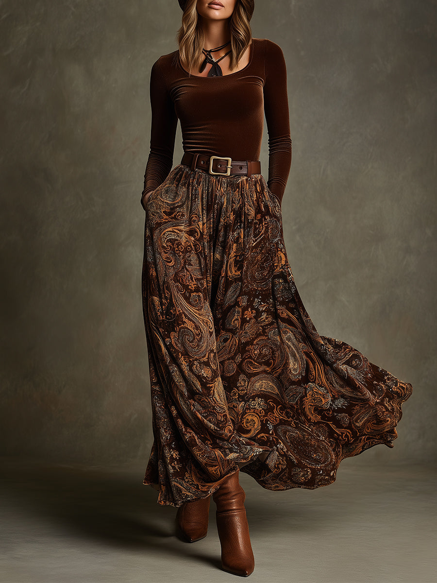 Vintage Stretch Velvet Top & Paisley Print Long Skirt Set With Belt