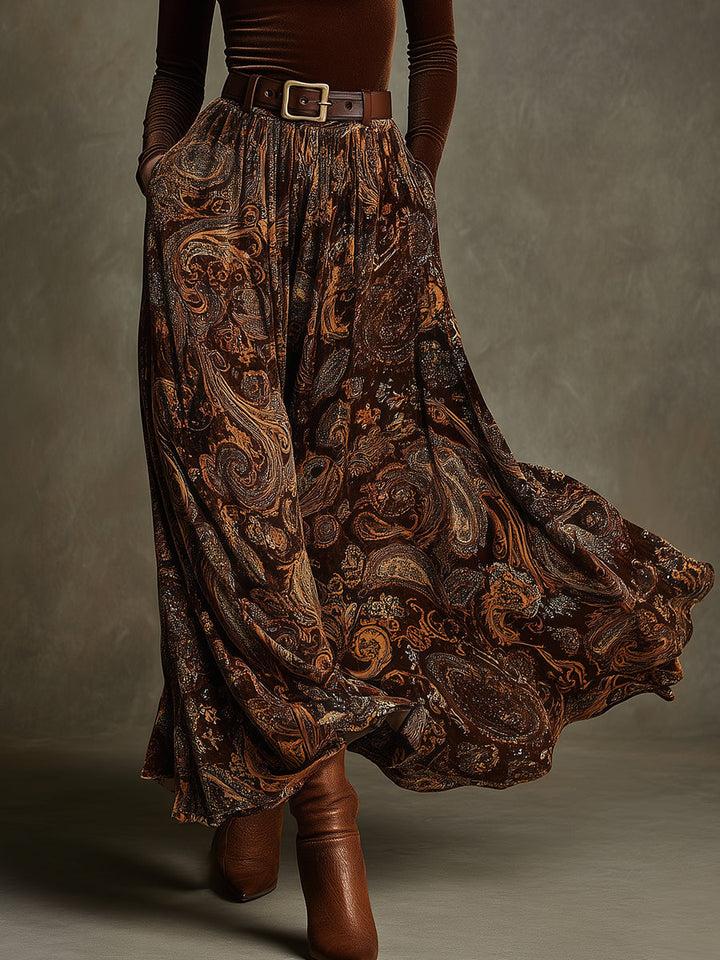 Vintage Stretch Velvet Top & Paisley Print Long Skirt Set With Belt