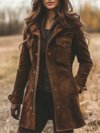 Vintage Suede Lapel Collar Mid-Length Coat Jacket - Eliza-Warszawa