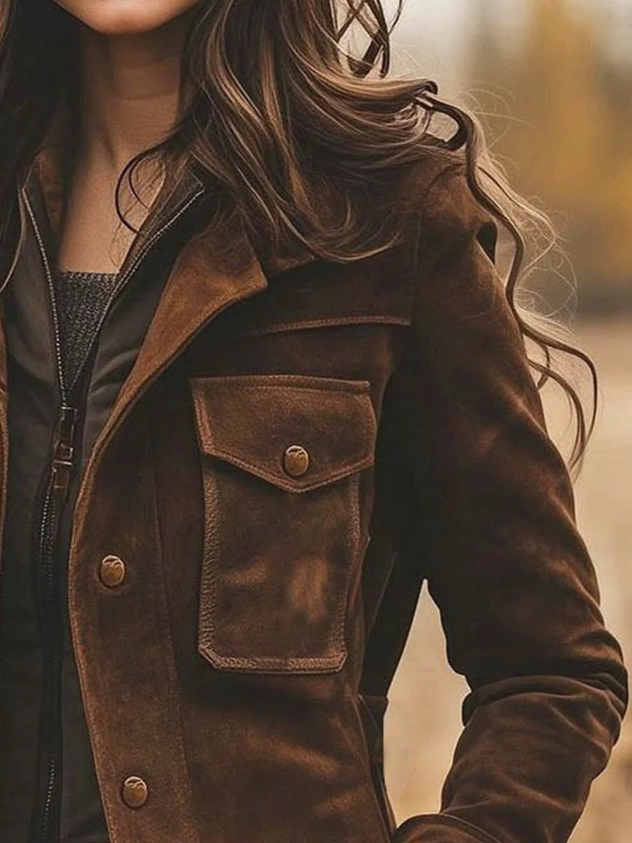 Vintage Suede Lapel Collar Mid-Length Coat Jacket - Eliza-Warszawa