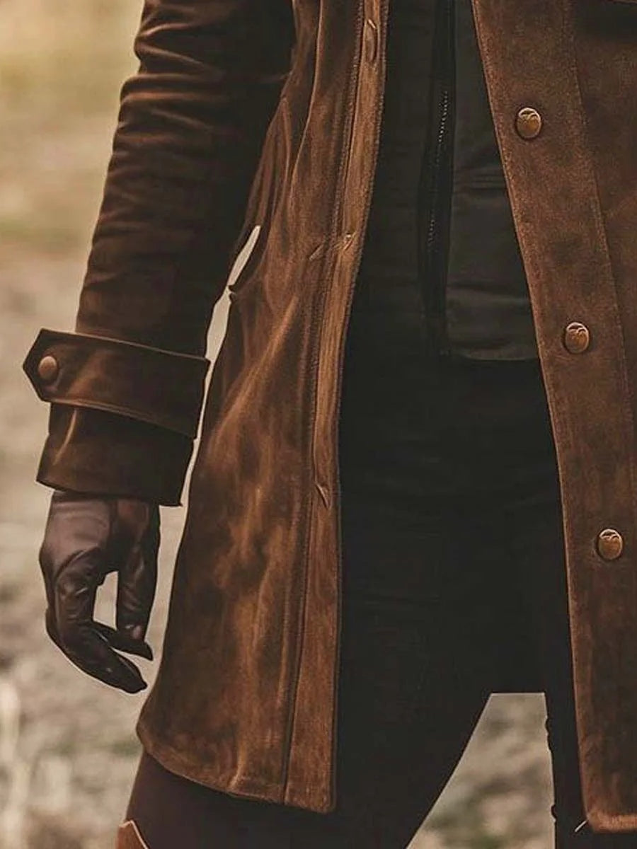 Vintage Suede Lapel Collar Mid-Length Coat Jacket - Eliza-Warszawa