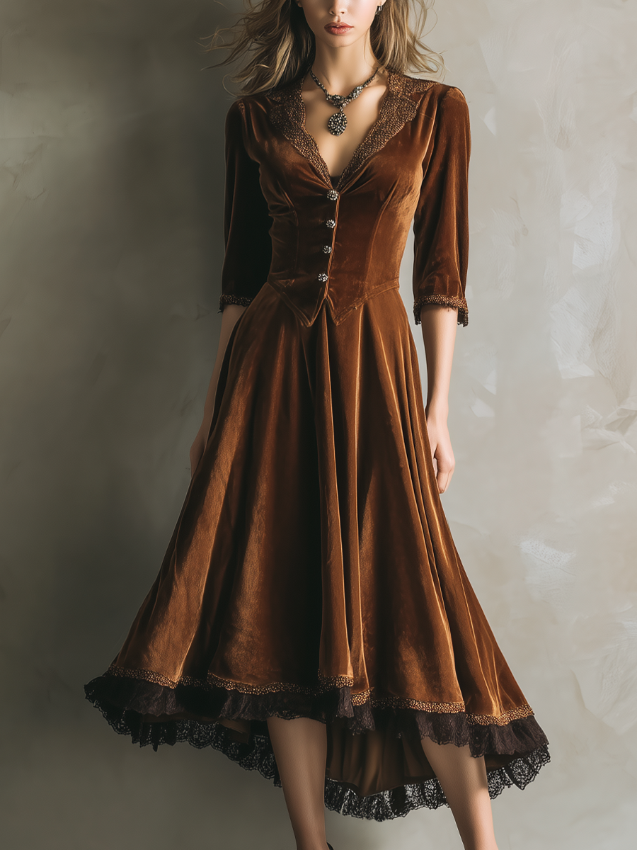 Vintage Three-Quarter Sleeves Lace Velvet Midi Dress - Eliza-Warszawa