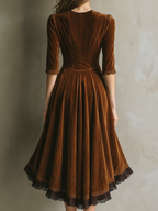 Vintage Three-Quarter Sleeves Lace Velvet Midi Dress - Eliza-Warszawa