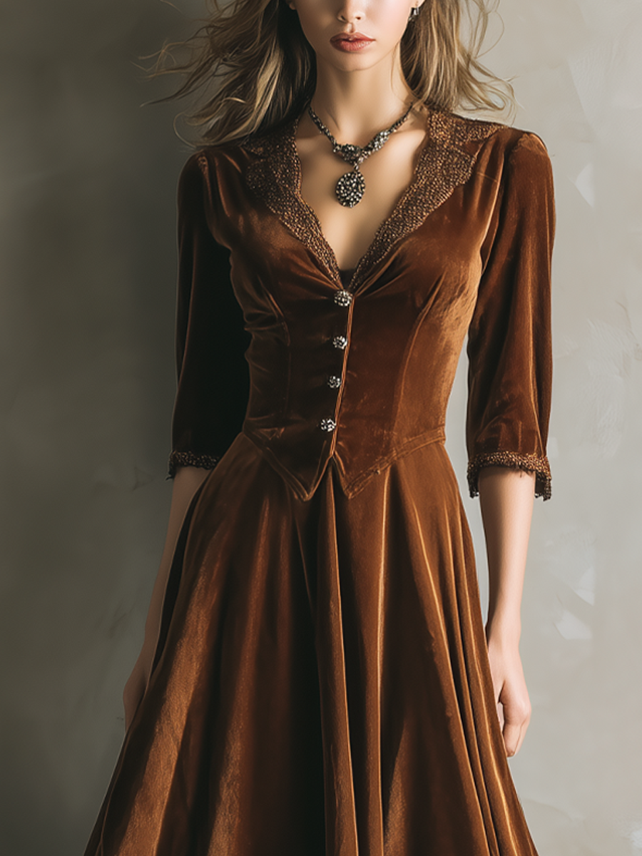 Vintage Three-Quarter Sleeves Lace Velvet Midi Dress - Eliza-Warszawa