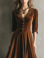 Vintage Three-Quarter Sleeves Lace Velvet Midi Dress - Eliza-Warszawa