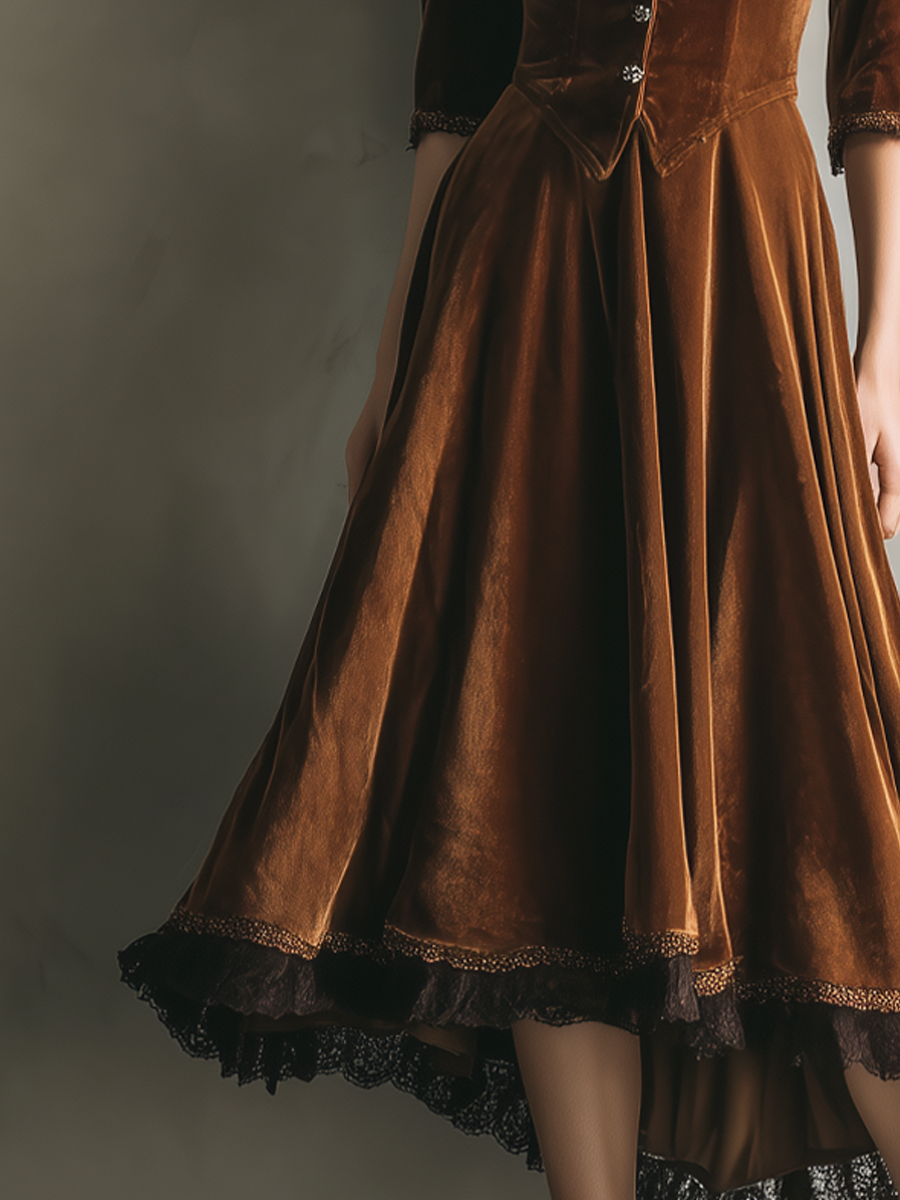 Vintage Three-Quarter Sleeves Lace Velvet Midi Dress