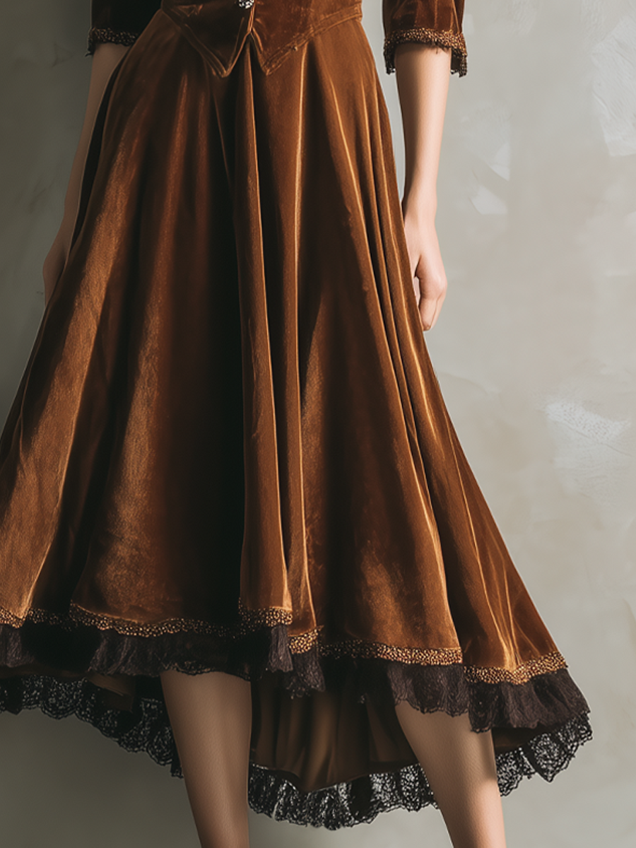 Vintage Three-Quarter Sleeves Lace Velvet Midi Dress - Eliza-Warszawa