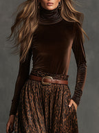 Vintage Turtleneck Velvet Top And Leopard Print Skirt Set