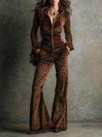 Vintage Velvet Leopard Print Stand Collar Top & Flared Pants Set - Eliza-Warszawa