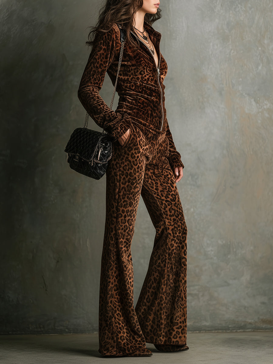 Vintage Velvet Leopard Print Stand Collar Top & Flared Pants Set - Eliza-Warszawa