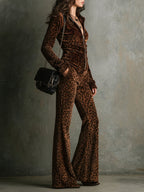 Vintage Velvet Leopard Print Stand Collar Top & Flared Pants Set - Eliza-Warszawa